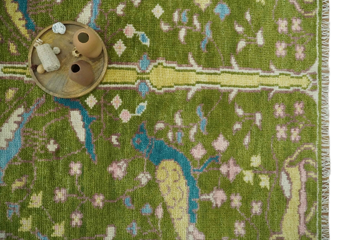 The Green Jungle Life Teal and Peach Peacock Bird Hand Knotted 8x10 Wool Area Rug