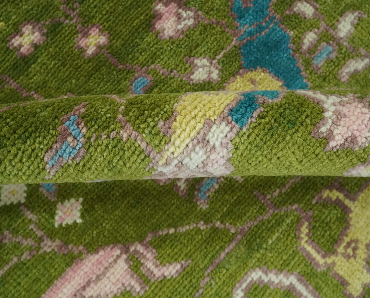 The Green Jungle Life Teal and Peach Peacock Bird Hand Knotted 8x10 Wool Area Rug