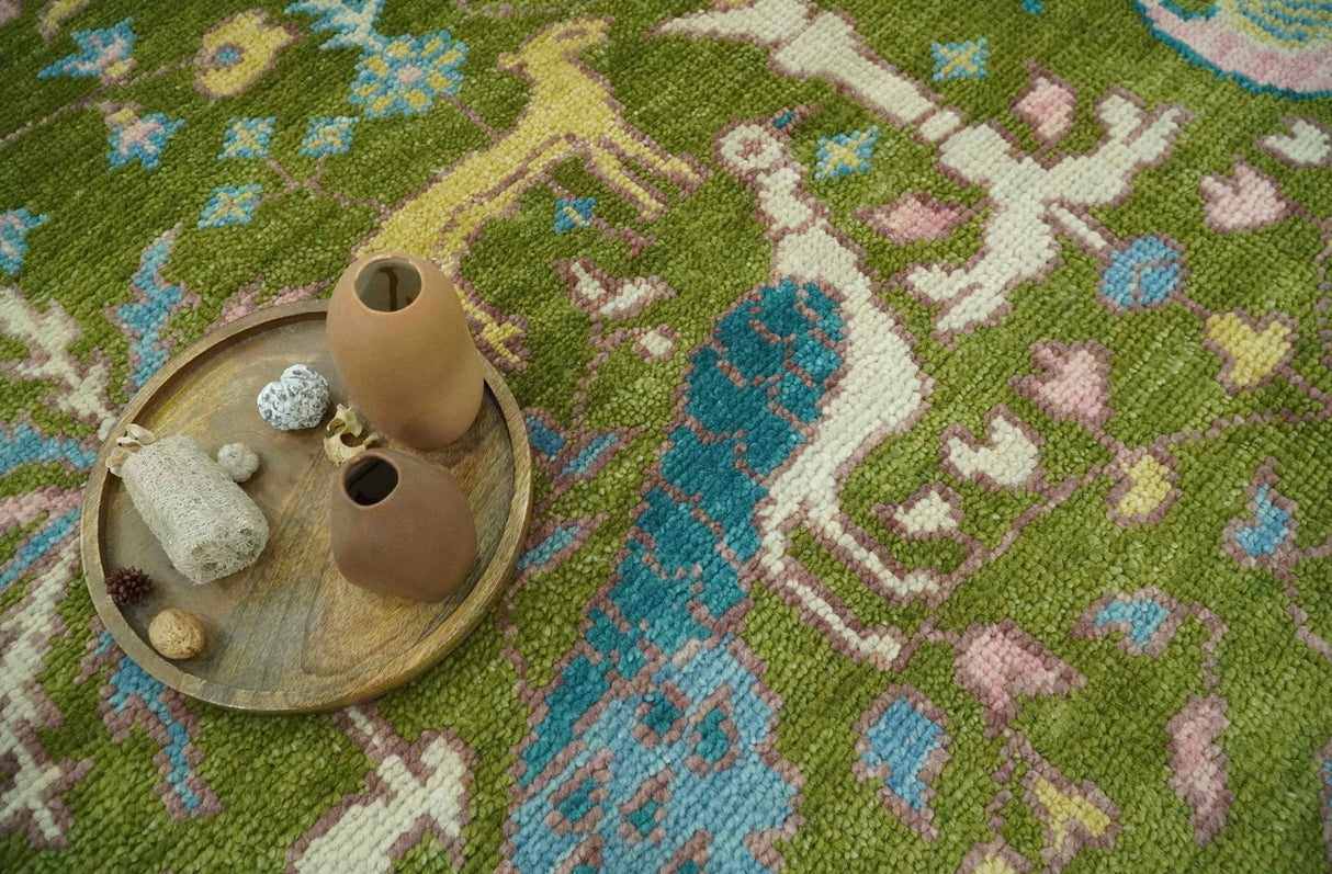 The Green Jungle Life Teal and Peach Peacock Bird Hand Knotted 8x10 Wool Area Rug