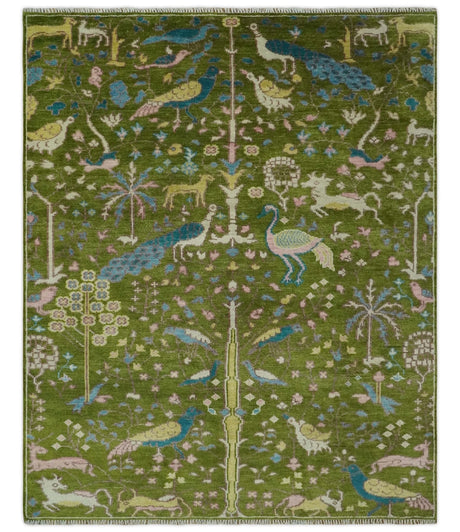 The Green Jungle Life Teal and Peach Peacock Bird Hand Knotted 8x10 Wool Area Rug