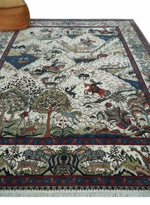 The Jungle Life Hunter and the King Animal Tree Rug Hand Knotted Ivory and Olive Wool