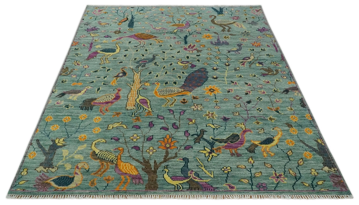 The Jungle Life Peacock Bird Rug Hand Knotted 8x10 Green Wool Rug