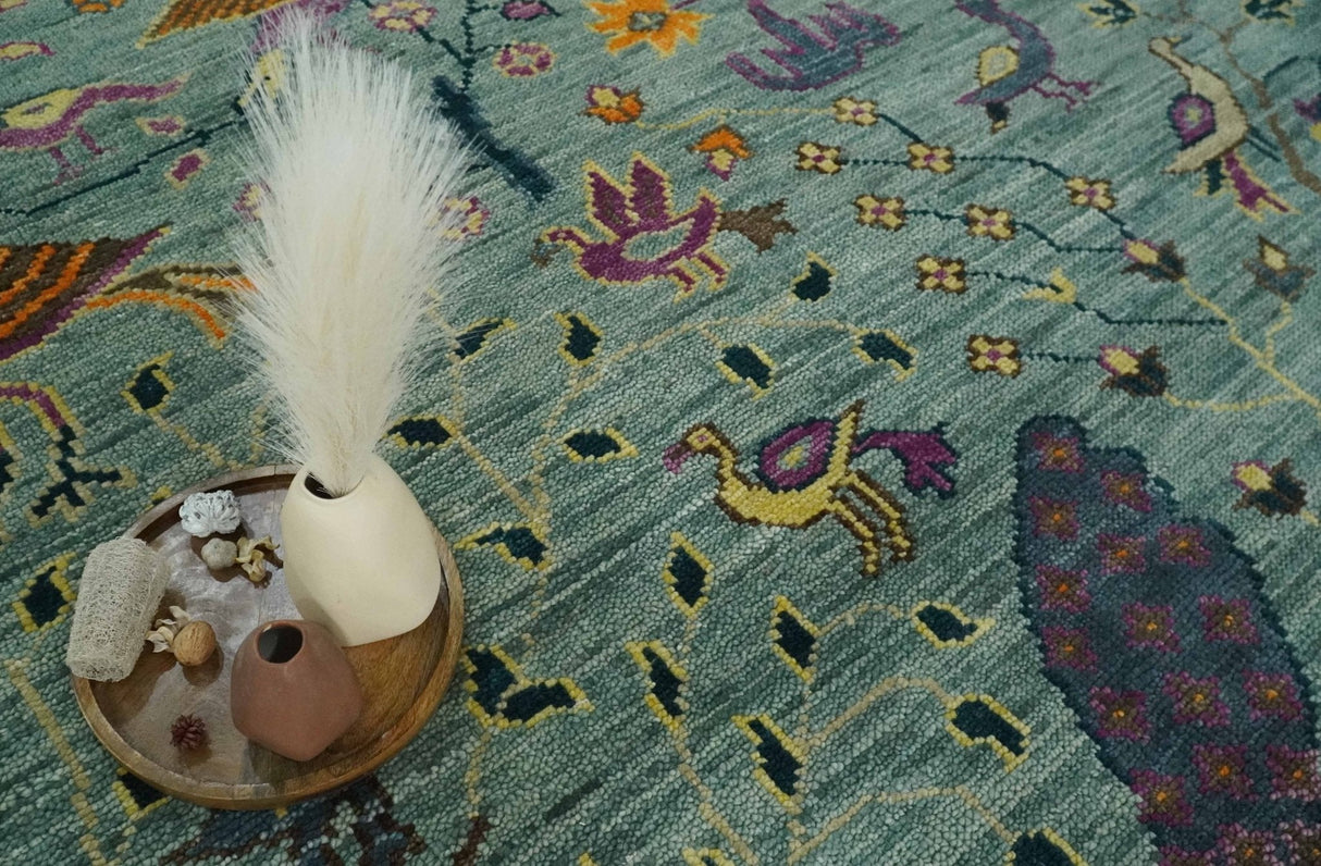 The Jungle Life Peacock Bird Rug Hand Knotted 8x10 Green Wool Rug