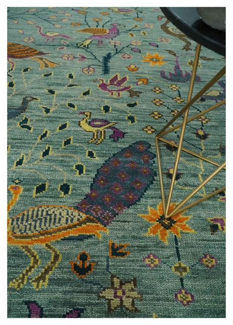 The Jungle Life Peacock Bird Rug Hand Knotted 8x10 Green Wool Rug