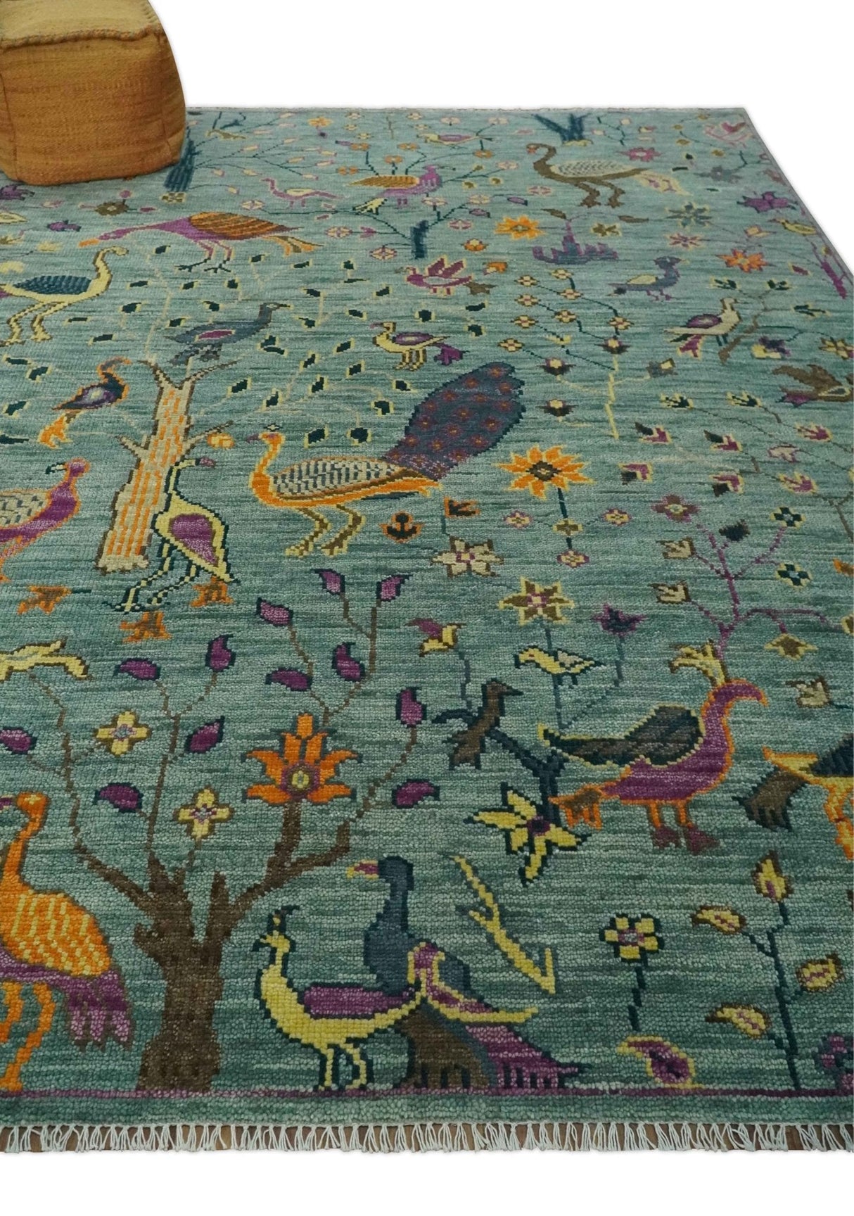 The Jungle Life Peacock Bird Rug Hand Knotted 8x10 Green Wool Rug