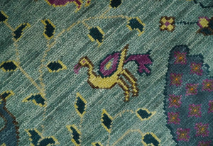The Jungle Life Peacock Bird Rug Hand Knotted 8x10 Green Wool Rug