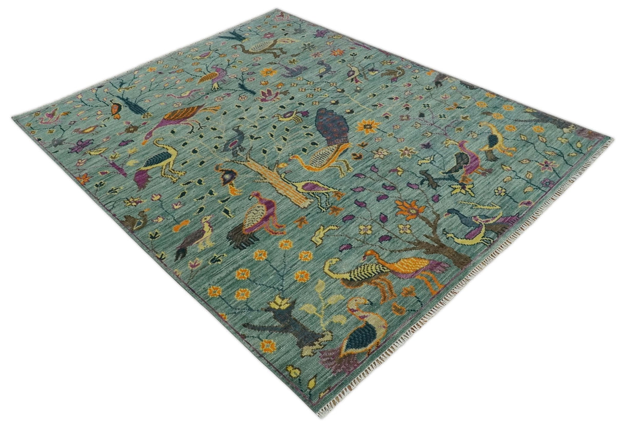 The Jungle Life Peacock Bird Rug Hand Knotted 8x10 Green Wool Rug