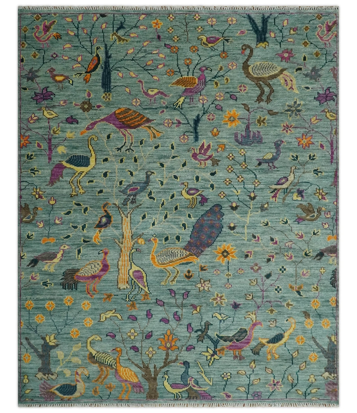 The Jungle Life Peacock Bird Rug Hand Knotted 8x10 Green Wool Rug