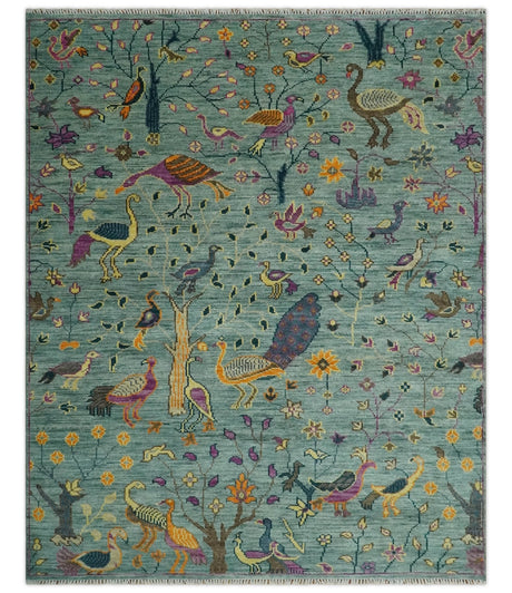 The Jungle Life Peacock Bird Rug Hand Knotted 8x10 Green Wool Rug