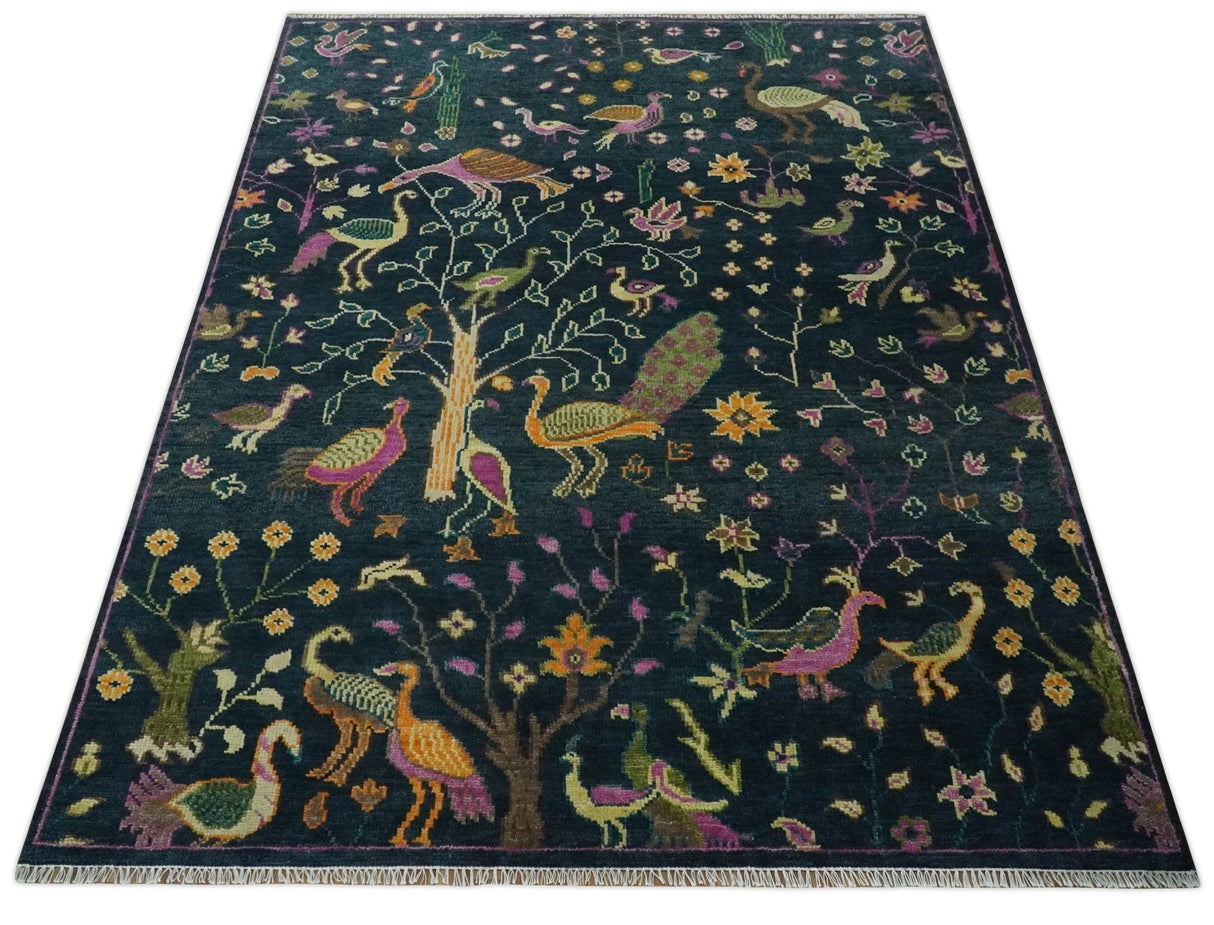 The Jungle Life Peacock on tree Rug Hand Knotted 8x10 Green Wool Rug
