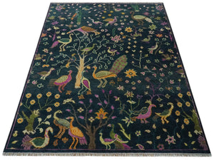 The Jungle Life Peacock on tree Rug Hand Knotted 8x10 Green Wool Rug