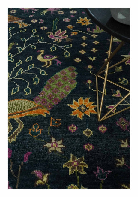The Jungle Life Peacock on tree Rug Hand Knotted 8x10 Green Wool Rug