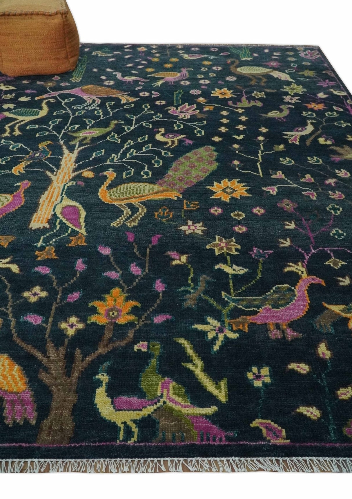 The Jungle Life Peacock on tree Rug Hand Knotted 8x10 Green Wool Rug