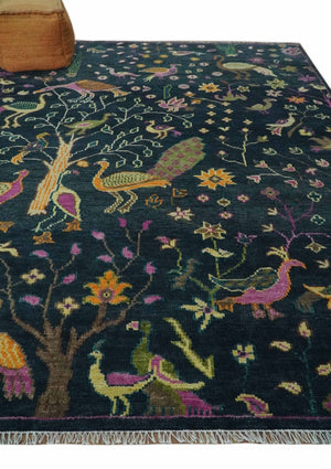 The Jungle Life Peacock on tree Rug Hand Knotted 8x10 Green Wool Rug