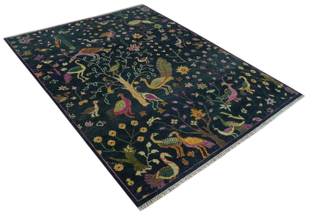 The Jungle Life Peacock on tree Rug Hand Knotted 8x10 Green Wool Rug