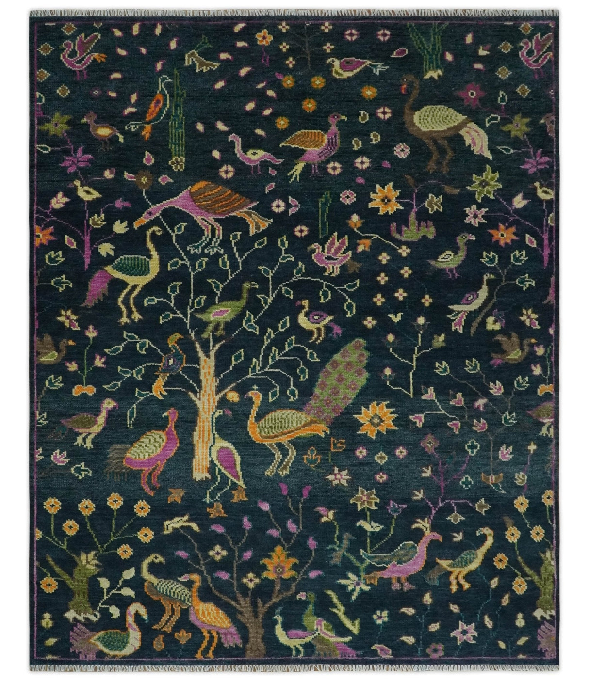 The Jungle Life Peacock on tree Rug Hand Knotted 8x10 Green Wool Rug