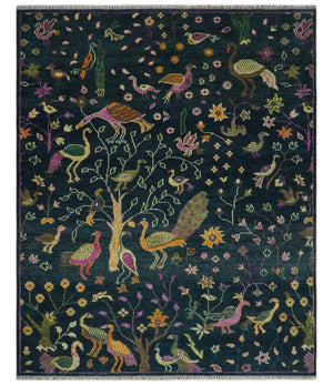 The Jungle Life Peacock on tree Rug Hand Knotted 8x10 Green Wool Rug