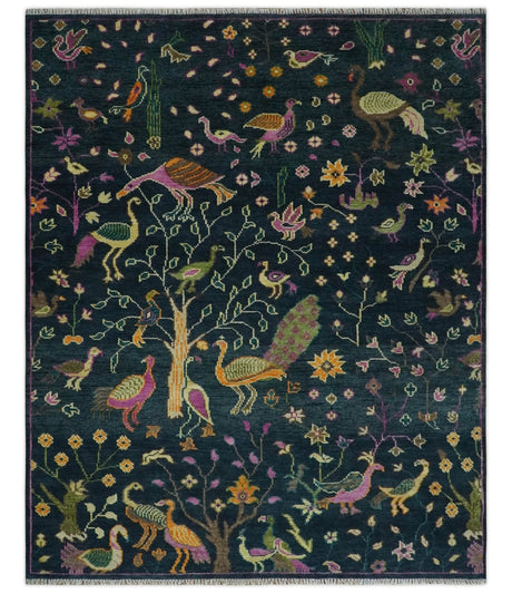 The Jungle Life Peacock on tree Rug Hand Knotted 8x10 Green Wool Rug