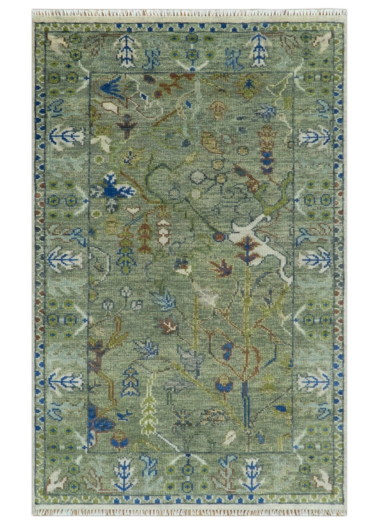 The Plants and Roots Green Hand Knotted Traditional Custom Made Wool Area Rug