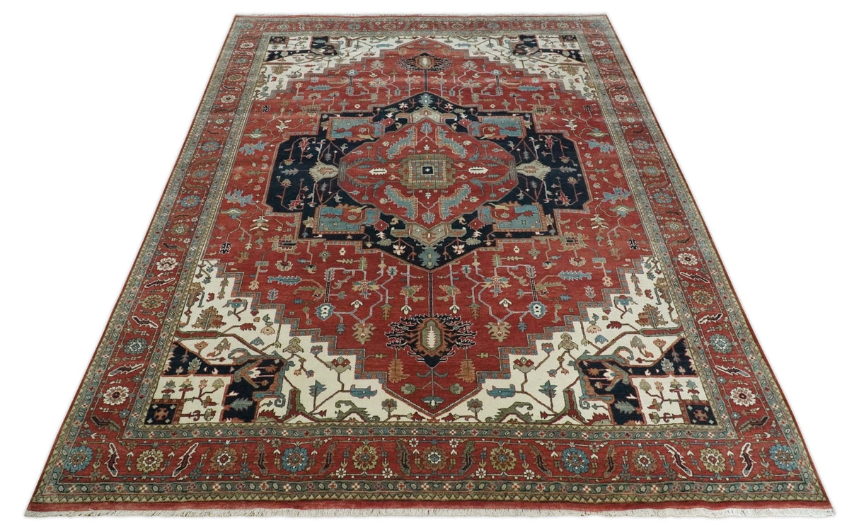 Traditional 9.11x13.8 Hand knotted Premium Fine Brown, Black and Ivory wool Area Rug