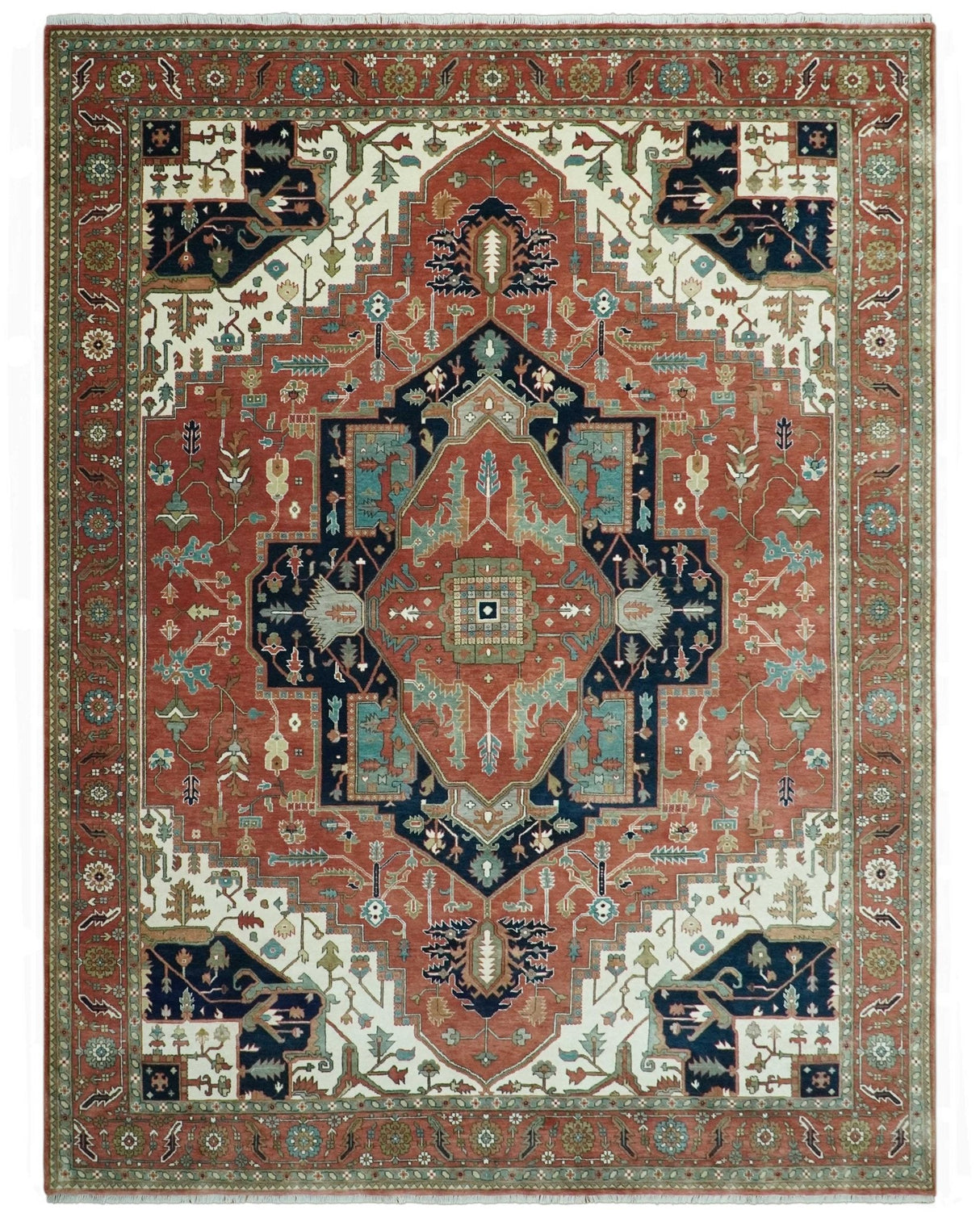 Traditional 9.11x13.8 Hand knotted Premium Fine Brown, Black and Ivory wool Area Rug