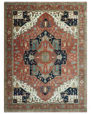 Traditional 9.11x13.8 Hand knotted Premium Fine Brown, Black and Ivory wool Area Rug