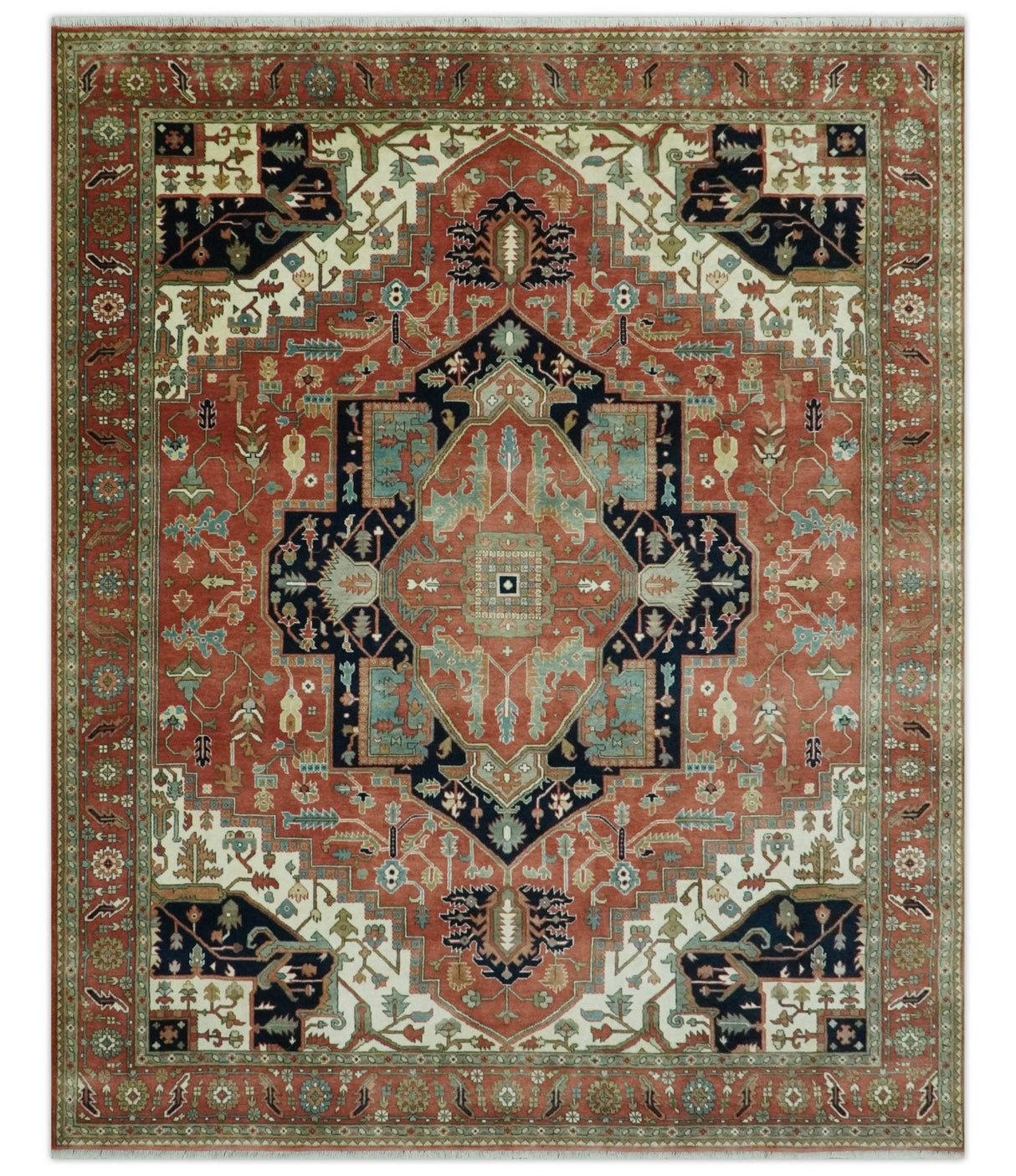 Traditional 9.11x13.8 Hand knotted Premium Fine Brown, Black and Ivory wool Area Rug