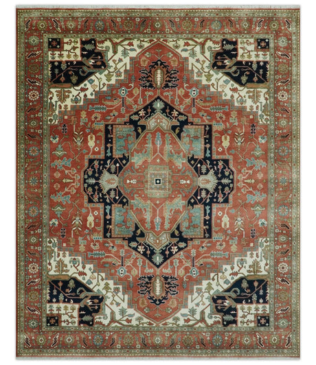 Traditional 9.11x13.8 Hand knotted Premium Fine Brown, Black and Ivory wool Area Rug