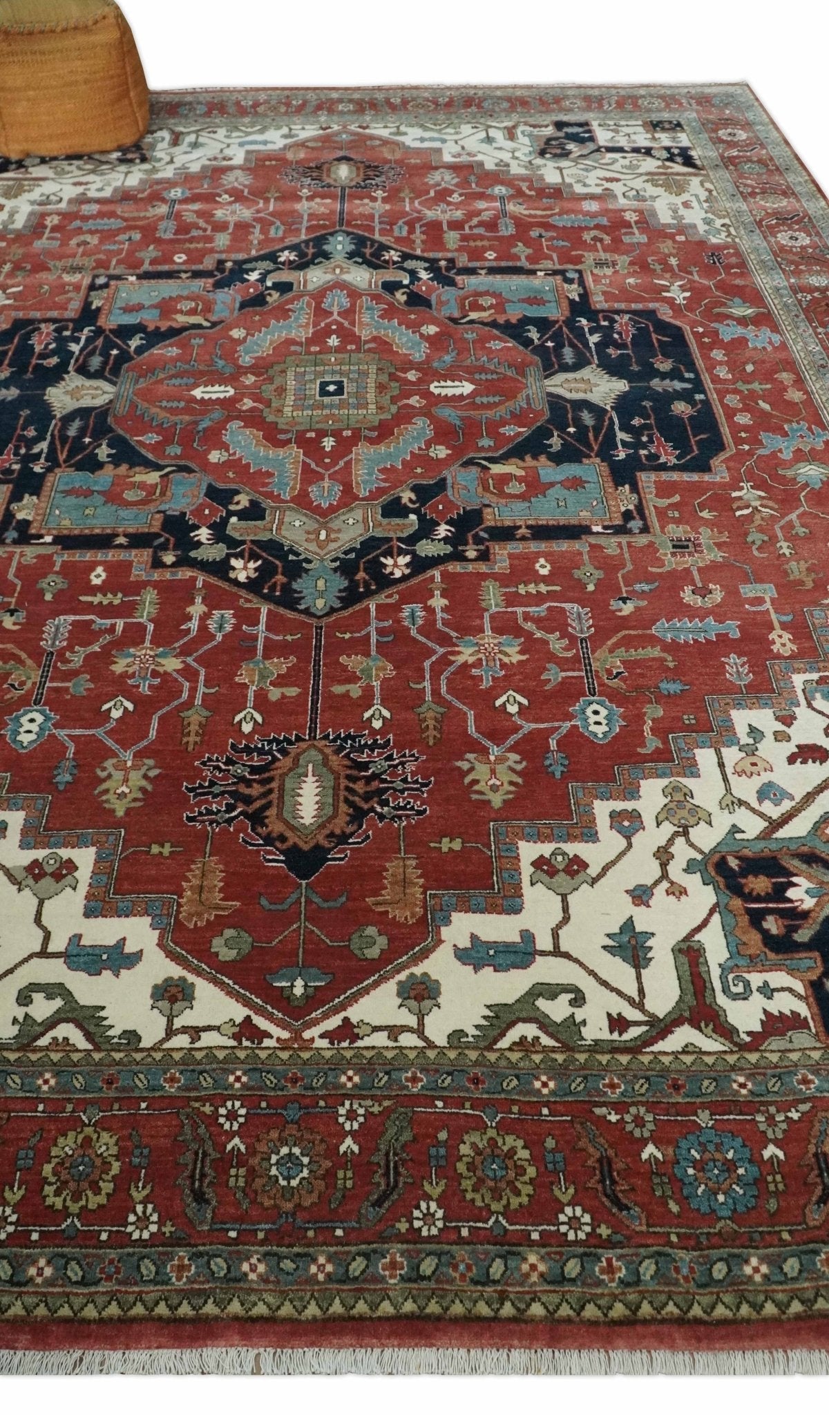 Traditional 9.11x13.8 Hand knotted Premium Fine Brown, Black and Ivory wool Area Rug