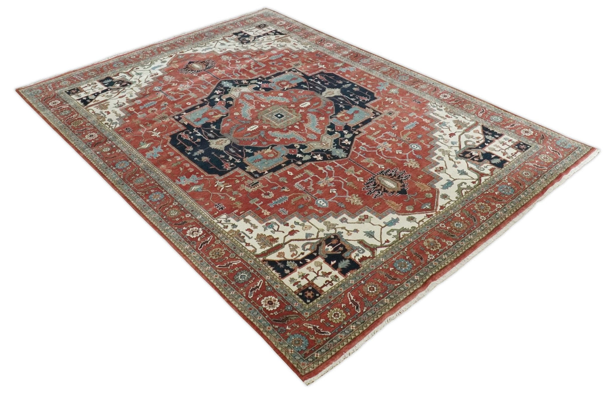 Traditional 9.11x13.8 Hand knotted Premium Fine Brown, Black and Ivory wool Area Rug