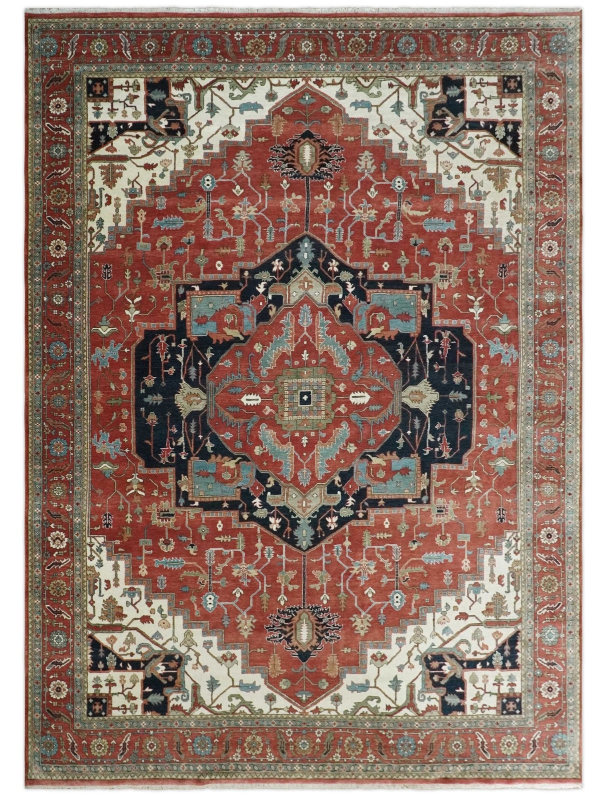 Traditional 9.11x13.8 Hand knotted Premium Fine Brown, Black and Ivory wool Area Rug