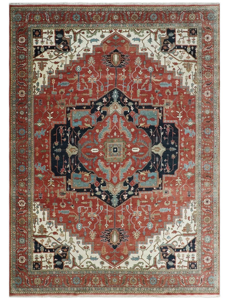 Traditional 9.11x13.8 Hand knotted Premium Fine Brown, Black and Ivory wool Area Rug