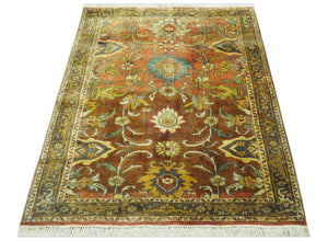 Traditional Antique Turkish Design Rust And Blue Hand Knotted 4x5 Wool Area Rug