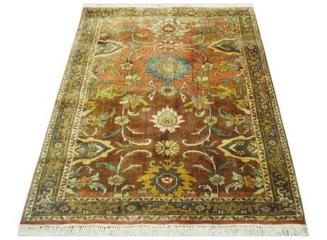 Traditional Antique Turkish Design Rust And Blue Hand Knotted 4x5 Wool Area Rug