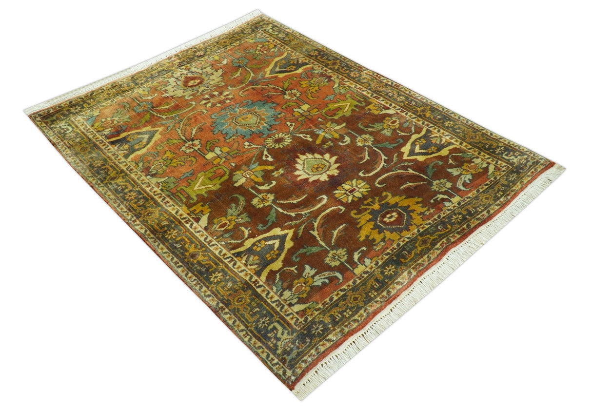 Traditional Antique Turkish Design Rust And Blue Hand Knotted 4x5 Wool Area Rug
