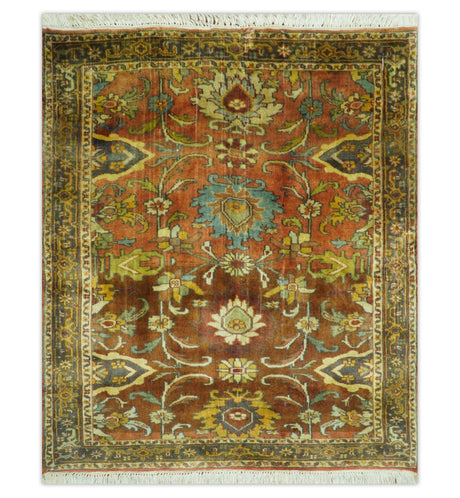 Traditional Antique Turkish Design Rust And Blue Hand Knotted 4x5 Wool Area Rug