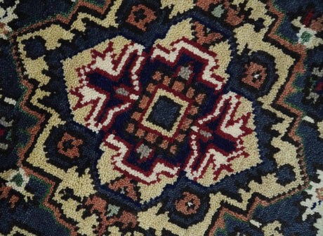 Traditional Blue, Beige and Ivory Heriz Serapi Hand knotted 2.7x7.9 wool Area Rug