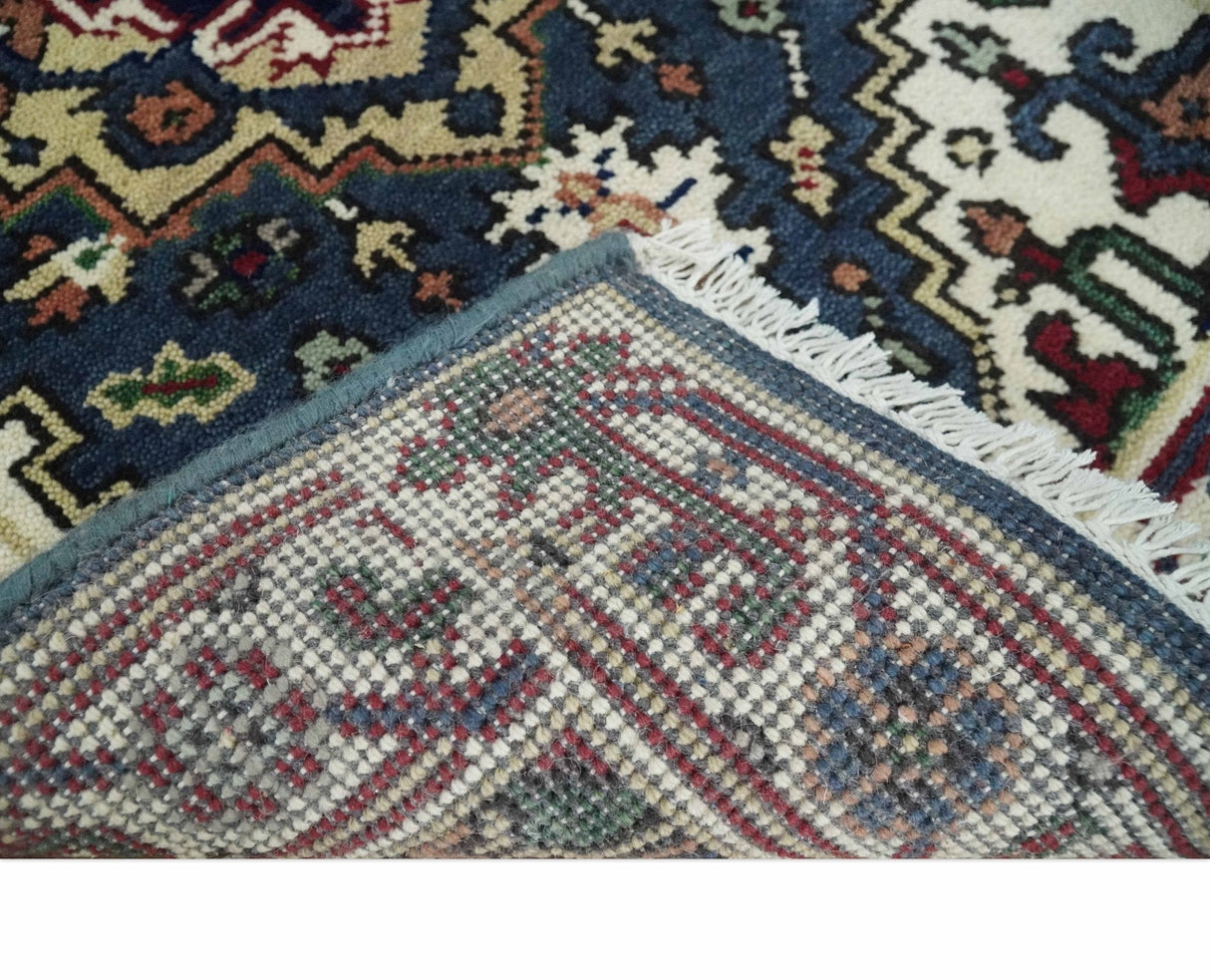 Traditional Blue, Beige and Ivory Heriz Serapi Hand knotted 2.7x7.9 wool Area Rug