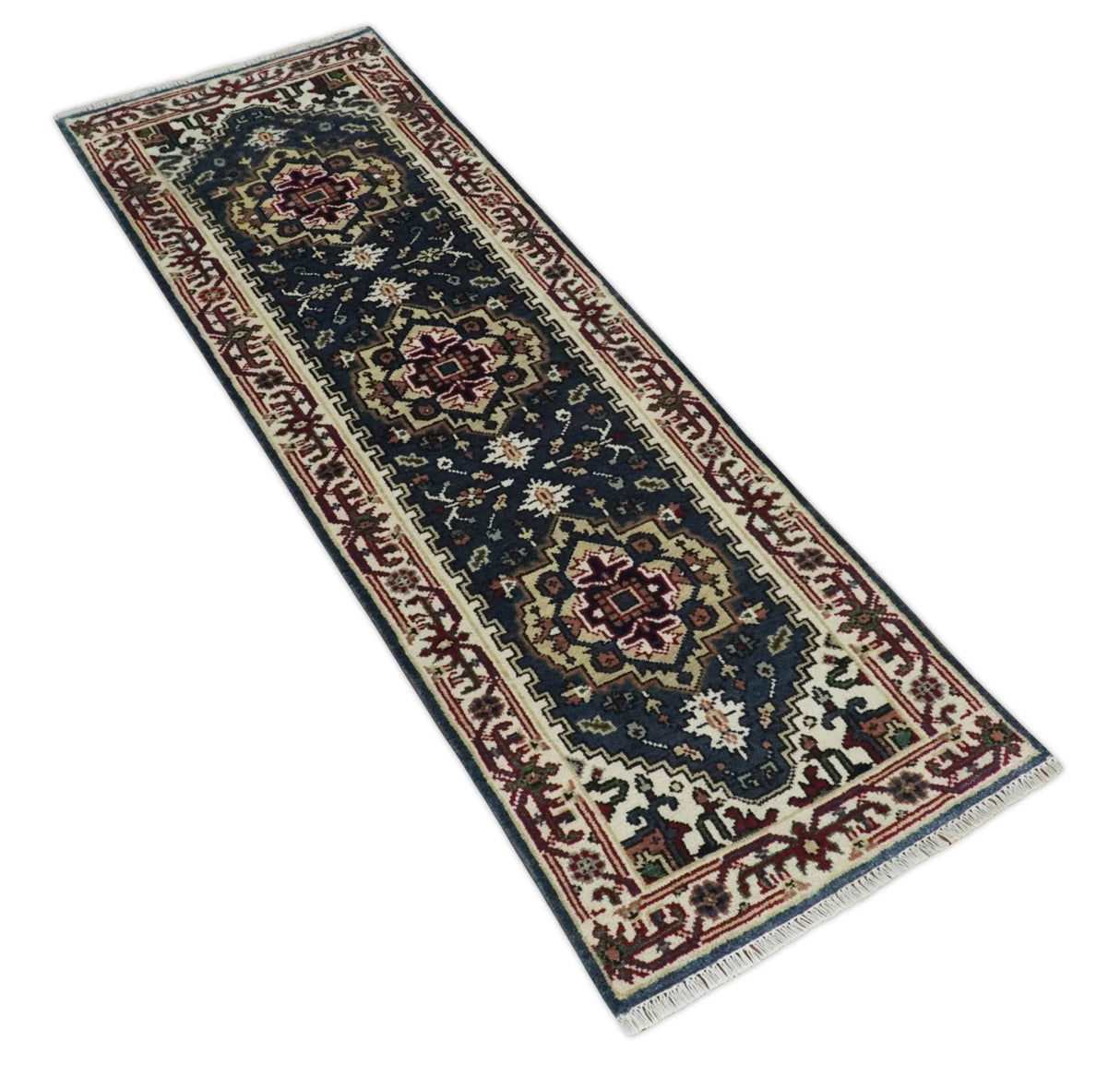 Traditional Blue, Beige and Ivory Heriz Serapi Hand knotted 2.7x7.9 wool Area Rug