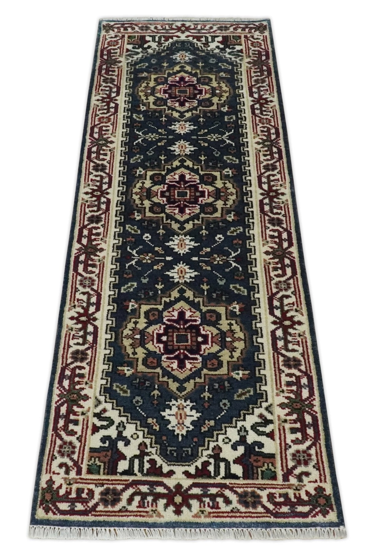 Traditional Blue, Beige and Ivory Heriz Serapi Hand knotted 2.7x7.9 wool Area Rug