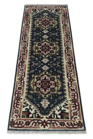 Traditional Blue, Beige and Ivory Heriz Serapi Hand knotted 2.7x7.9 wool Area Rug