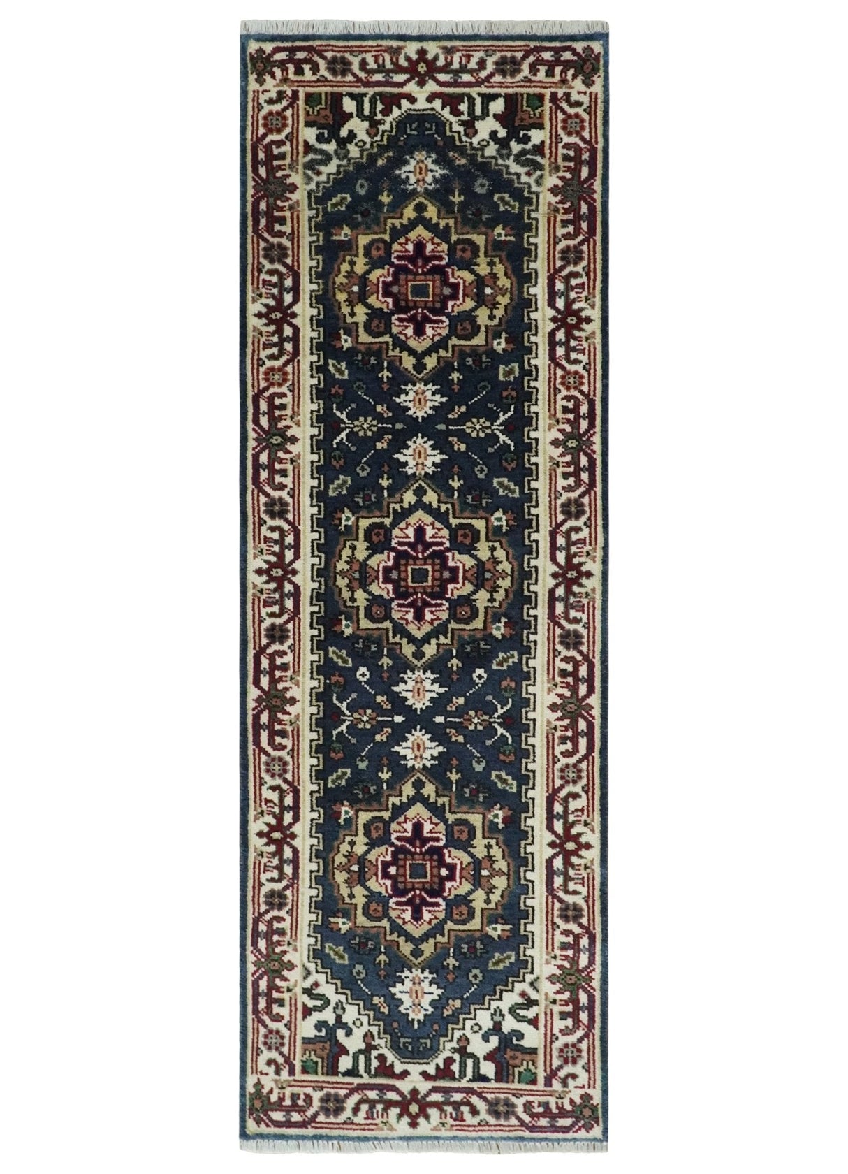 Traditional Blue, Beige and Ivory Heriz Serapi Hand knotted 2.7x7.9 wool Area Rug