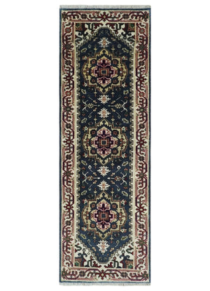 Traditional Blue, Beige and Ivory Heriz Serapi Hand knotted 2.7x7.9 wool Area Rug