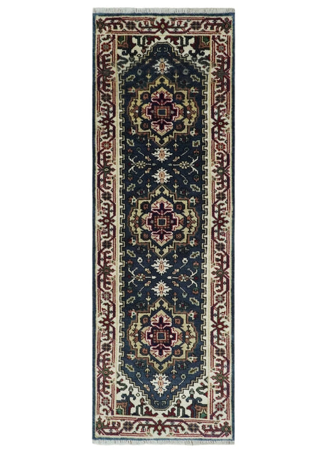 Traditional Blue, Beige and Ivory Heriz Serapi Hand knotted 2.7x7.9 wool Area Rug