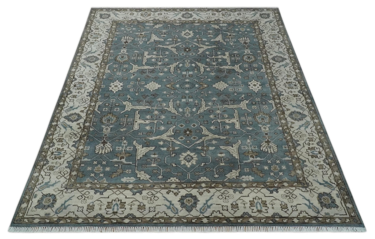 Traditional Blue, Ivory and Brown Oriental Oushak 8x10 wool Area Rug