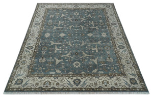Traditional Blue, Ivory and Brown Oriental Oushak 8x10 wool Area Rug