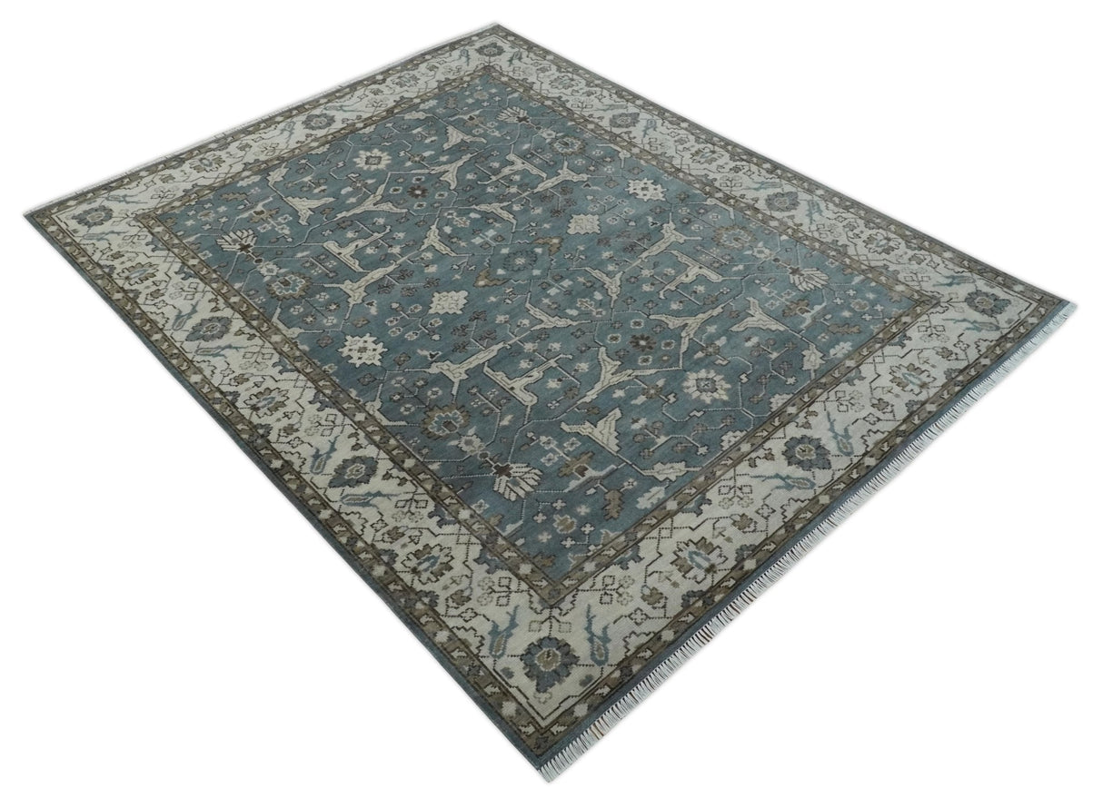 Traditional Blue, Ivory and Brown Oriental Oushak 8x10 wool Area Rug