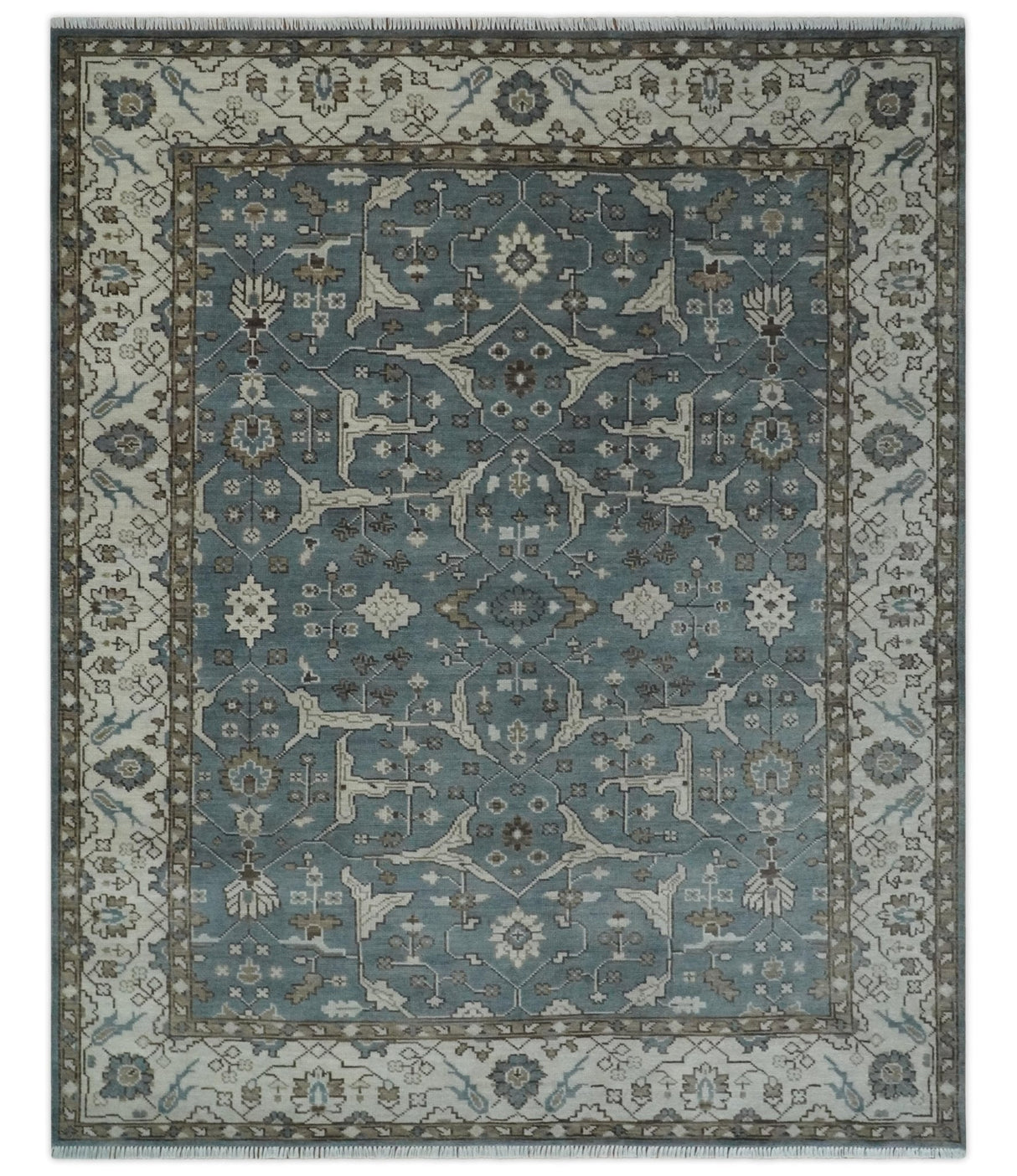 Traditional Blue, Ivory and Brown Oriental Oushak 8x10 wool Area Rug