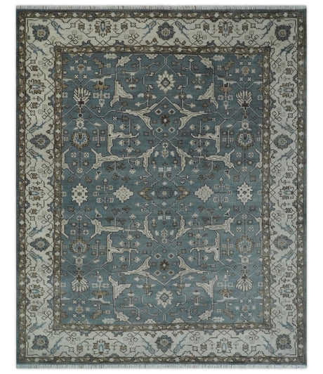 Traditional Blue, Ivory and Brown Oriental Oushak 8x10 wool Area Rug