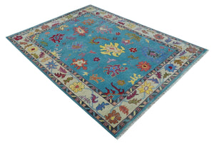 Traditional Blue and Camel Colorful Hand knotted Oushak 8.9x11.10 Wool Area Rug